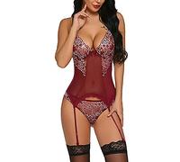 KOEMCY Lingerie Donna Sexy Completi Intimi Donna Pizzo Babydoll Lingerie Set Reggicalze Camicia da Notte Trasparente Scollo a V Pizzo Cinghie Incrociate Lingerie (Rosso, XL)