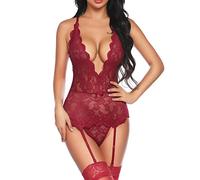 KOEMCY Lingerie Donna Sexy Completi Intimi Donna Pizzo Babydoll Lingerie Set Reggicalze Camicia da Notte Trasparente Scollo a V Pizzo Cinghie Incrociate Lingerie (Rosso, L)