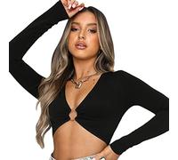 KOEMCY Maglietta a Maniche Lunghe Donna Camicia Manica Lunga Blusa Crop Tops Sexy Scollo a V Pullover Casual Shirts Tops Slim Fit Tinta Unita Camicette (Nero,L)