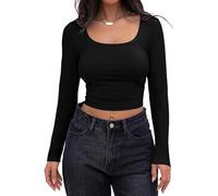 KOEMCY Maglietta a Maniche Lunghe Donna Crop Top Basic Top Sexy Tinta Unita Top Elasticizzato Slim T-Shirt Moda Casual per Primavera Autuno(Nero/XL)