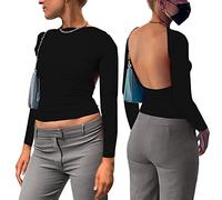 KOEMCY Maglietta a Maniche Lunghe Donna Crop Top Blusa Multi Way Wear Top Camicia Tinta Unita Camicette Casual Shirts Pullover Backless Y4K Manica Lunga (Nero,L)