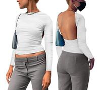 KOEMCY Maglietta a Maniche Lunghe Donna Crop Top Blusa Multi Way Wear Top Camicia Tinta Unita Camicette Casual Shirts Pullover Backless Y2K Manica Lunga (Bianco,S)