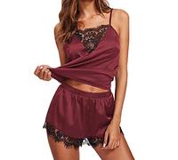 KOEMCY Pigiama da Donna Sexy in Pizzo e Raso, Scollo a V, Canotta Top e Pantaloncini, Indumenti da Notte Casual Sleepwear (Rosso, L)