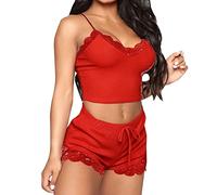 KOEMCY Pigiama Donna Corti Camicie da Notte Pizzo Cami Top Pantaloncini Set Sexy Scollo a V Indumenti da Notte Crop Top Casual Sleepwear Lingerie (Rosso,L)