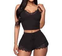KOEMCY Pigiama Donna Corti Camicie da Notte Pizzo Cami Top Pantaloncini Set Sexy Scollo a V Indumenti da Notte Crop Top Casual Sleepwear Lingerie (Nero,XL)