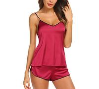 KOEMCY Pigiama Donna Raso Camicie da Notte Scollo a V Cami Top Pantaloncini Set Seta Indumenti da Notte Casual Set Sleepwear Lingerie (Rosso,S)