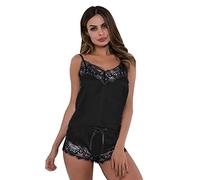 KOEMCY Pigiama Donna Sexy Pizzo Pigiama Corto Camicie da Notte Sexy Scollo a V Pigiama Raso Cami Top Pantaloncini Set Sleepwear Set Lingerie Nightwear Sleepwear (Nero,L)