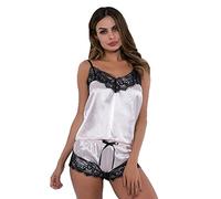 KOEMCY Pigiama Donna Sexy Pizzo Pigiama Corto Camicie da Notte Sexy Scollo a V Pigiama Raso Cami Top Pantaloncini Set Sleepwear Set Lingerie Nightwear Sleepwear (Bianco,S)