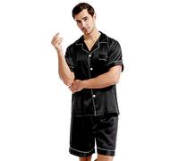 KOEMCY Pigiama Seta Set Couple Coppia Maglietta a Maniche Corte Camicetta e Pigiami con Bottoni Aperto Davanti 2 Pezzi Camicia da Notte T-Shirt Pantaloncini Donna Uomo (Nero-2,XXL)