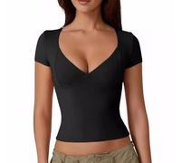 KOEMCY Shirts Damen Sommer Vausschnitt Kurzarm Basic T Shirt Figurbetont Crop Top Tshirt Elastisch Oberteile Casual Shirt Kurzarm Elegant Longshirt Frühling