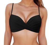 KOEMCY Top Bikini Donna Nero Spalline Regolabili Larghe Scollo a V Design Crossover Bralette con Supporto Push-Up per Spiaggia Vacanza e Moda Mare (S)