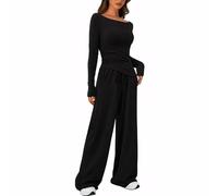 KOEMCY Tuta Donna 2 Pezzi Sportiva Manica Lunga e Pantaloni con Tasche Coulisse Elegante Ginnastica Tute Casual Abbigliamento per Yoga Jogging Fitness (Nero/L)
