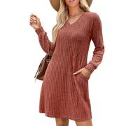 KOEMCY Vestiti Donna Invernali Maniche Lunghe con Scollo a V Elegante Maglione Lavorato a Maglia Abito Elasticizzato Casual con Tasche Autunno e Inverno (Schokolade/L)