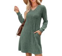 KOEMCY Vestiti Donna Invernali Maniche Lunghe con Scollo a V Elegante Maglione Lavorato a Maglia Abito Elasticizzato Casual con Tasche Autunno e Inverno (Verde/M)