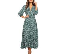 KOEMCY Vestito Casual Boho Floreale Abito Maniche Lunghe Vestiti Scollo a V Midi Abito Lungo Autunno Invernale (Verde,L)