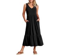 KOEMCY Vestito Donna con Senza Maniche Abiti Vestiti Lungo Scollo a V Vacanza Abito con Tasche Spiaggia Estivo (Nero,XL)