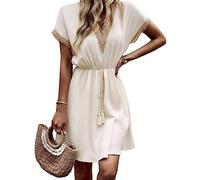 KOEMCY Vestito Donna Manica Corta Abito Scollo a V Pizzo Vestiti con Cinturini in Vita Estivi Casual Abito Mare Spiaggia (Albicocca, S)