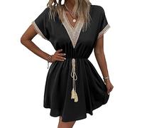 KOEMCY Vestito Donna Manica Corta Abito Scollo a V Pizzo Vestiti con Cinturini in Vita Estivi Casual Abito Mare Spiaggia (Nero, M)