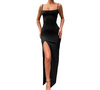 KOEMCY Vestito Donna Spaghetti Strap Bodycon Vestito Estivo Abito da Cocktail Sexy Senza Maniche Lungo Vestito con Spacco Abito Aderente Festa (Nero, S)
