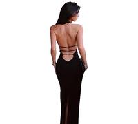 KOEMCY Vestito Donna Spaghetti Strap Senza Maniche Vestito Collo Cavezza Vestiti da Cerimonia Abito da Sera Partito Bodycon Senza Schienale Festa Banchetto (Nero, S)