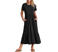 KOEMCY Vestito Donna T-Shirt Casual Vestito Abiti Vestiti Lungo con Tasche Scollo a Rotondo Vacanza Abito Spiaggia Estivo (Nero, L)