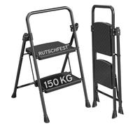 kör4u Scala a 2 gradini, portata fino a 150 kg, pieghevole e salvaspazio, stabile scala domestica, gradini antiscivolo, telaio in acciaio, nero