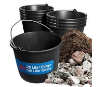 kör4u Secchio da costruzione, set da 10 pezzi, 20 l, nero con robusta archetto in metallo, secchio rotondo robusto in LDPE - per costruzione, giardino, casa e artigianato