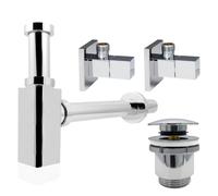 kör4u Set di sifone 1 1/4" x 32 mm, valvola pop-up e 2 valvole angolari, valvola di scarico con guarnizioni, per lavandino (quadrato cromato)