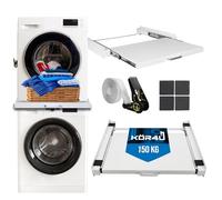 kör4u Telaio intermedio bianco, con piastra estraibile, per lavatrice e asciugatrice, in acciaio, 60,5 x 54,5 cm, con cinghia di ancoraggio bianca