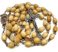 KOGMMYSEVP Collana rosario con perline in legno di ulivo con rose in metallo, coroncina di Gerusalemme, medaglia del suolo sacro e crocifisso con croce, 20inches