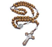 KOGMMYSEVP Rosario con perline di legno, realizzato a mano, con medaglietta di San Gesù e croce, gioiello religioso in lega di zinco, per anniversario, Natale, 23inches