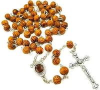 KOGMMYSEVP Rosario con perline in legno di ulivo intagliato a mano, collana a forma di fagiolo di Gerusalemme, medaglia del suolo sacro e croce crocifisso, collana di preghiera, 20inches