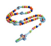 KOGMMYSEVP Rosario da preghiera per bambini, 8 mm, perline in acrilico, ciondolo a forma di crocifisso in legno, annodato, rosario fatto a mano per bambini, 19inches