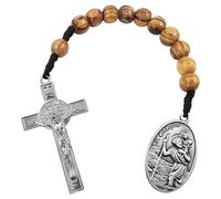 KOGMMYSEVP Rosario tascabile con medaglia di San Cristoforo, medaglia di San Benedetto, crocifisso, 10 mm, perline in legno di ulivo, stile aperto, rosario in legno, fatto a mano, in lino cattolico