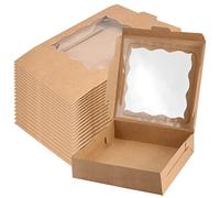 KOHAND 20 scatole quadrate per biscotti in carta kraft, 25 x 25 x 6,3 cm, marroni, con finestra, per esporre biscotti, ciambelle, torte, muffin, pasticcini