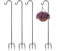 KOHAND Confezione da 4 ganci da pastore da 124 cm, altezza regolabile, con base a 5 rebbi, gancio per bordo in metallo nero per luci da giardino, lanterne, cesti per piante, campanelli a vento.