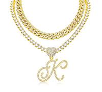 KOHOTA Collana con ciondolo a forma di cuore in argento corsivo per le donne Miami Cuban Link Chain Layered Heart Shape Bling Diamond Iced Out Chain Pendant Necklace Hip Hop Jewelry Gift 2PCS Catene