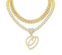KOHOTA Collana con ciondolo a forma di cuore in argento corsivo per le donne Miami Cuban Link Chain Layered Heart Shape Bling Diamond Iced Out Chain Pendant Necklace Hip Hop Jewelry Gift 2PCS Catene
