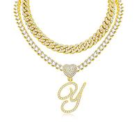 KOHOTA Collana con ciondolo a forma di cuore in argento corsivo per le donne Miami Cuban Link Chain Layered Heart Shape Bling Diamond Iced Out Chain Pendant Necklace Hip Hop Jewelry Gift 2PCS Catene