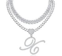 KOHOTA Collana con ciondolo a forma di cuore in argento corsivo per le donne Miami Cuban Link Chain Layered Heart Shape Bling Diamond Iced Out Chain Pendant Necklace Hip Hop Jewelry Gift 2PCS Catene