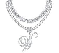 KOHOTA Collana con ciondolo a forma di cuore in argento corsivo per le donne Miami Cuban Link Chain Layered Heart Shape Bling Diamond Iced Out Chain Pendant Necklace Hip Hop Jewelry Gift 2PCS Catene