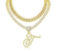 KOHOTA Collana con ciondolo a forma di cuore in argento corsivo per le donne Miami Cuban Link Chain Layered Heart Shape Bling Diamond Iced Out Chain Pendant Necklace Hip Hop Jewelry Gift 2PCS Catene