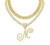 KOHOTA Collana con ciondolo a forma di cuore in argento corsivo per le donne Miami Cuban Link Chain Layered Heart Shape Bling Diamond Iced Out Chain Pendant Necklace Hip Hop Jewelry Gift 2PCS Catene