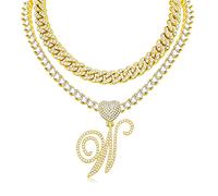KOHOTA Collana con ciondolo a forma di cuore in argento corsivo per le donne Miami Cuban Link Chain Layered Heart Shape Bling Diamond Iced Out Chain Pendant Necklace Hip Hop Jewelry Gift 2PCS Catene