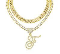 KOHOTA Collana con ciondolo a forma di cuore in argento corsivo per le donne Miami Cuban Link Chain Layered Heart Shape Bling Diamond Iced Out Chain Pendant Necklace Hip Hop Jewelry Gift 2PCS Catene