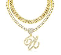 KOHOTA Collana con ciondolo a forma di cuore in argento corsivo per le donne Miami Cuban Link Chain Layered Heart Shape Bling Diamond Iced Out Chain Pendant Necklace Hip Hop Jewelry Gift 2PCS Catene