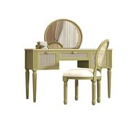 KOHUS Specchio Cosmetico Con Luci E Set Da Tavolo Comò in rattan Grande tavolo da trucco con grande specchio 3 cassetti Maniglie a foglia in ottone Vanità Teenager Con Specchio E Sgabello(B)