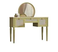 KOHUS Specchio Cosmetico Con Luci E Set Da Tavolo Comò in rattan Grande tavolo da trucco con grande specchio 3 cassetti Maniglie a foglia in ottone Vanità Teenager Con Specchio E Sgabello(A)