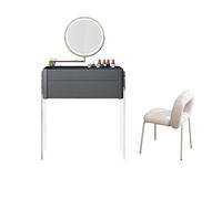KOHUS Specchio cosmetico con luci e set da tavolo, in vetro temperato visibile, con piedini trasparenti in acrilico, con cassetto, girevole, dimmerabile, specchio luminoso con specchio e sgabello (C)