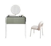 KOHUS Specchio cosmetico con luci e set da tavolo in vetro temperato visibile, piedi in acrilico trasparente con cassetto girevole dimmerabile specchio luminoso con specchio e sgabello (F)